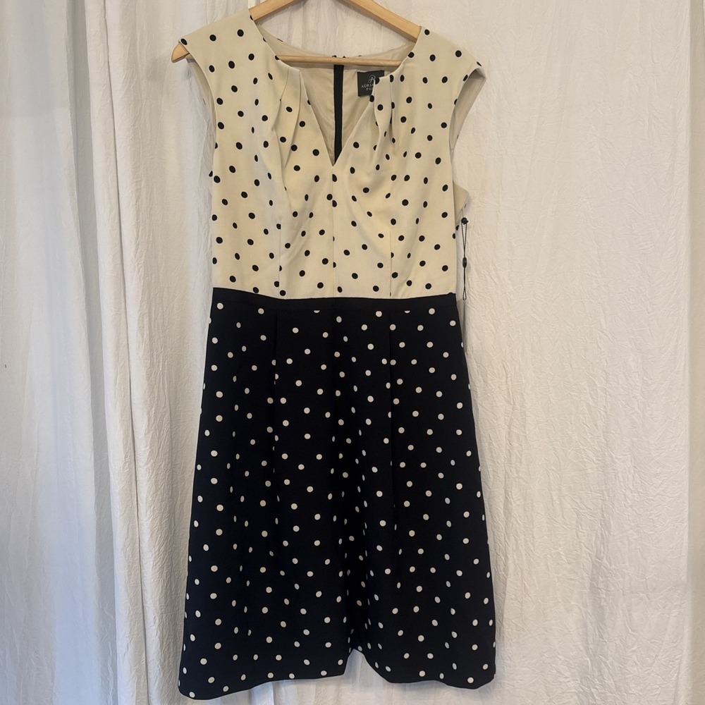 Adrianna Papell Ecru/Black Polka Dot Fit &‎ Flare Crepe Dress Size 10 NWT - Picture 3 of 10